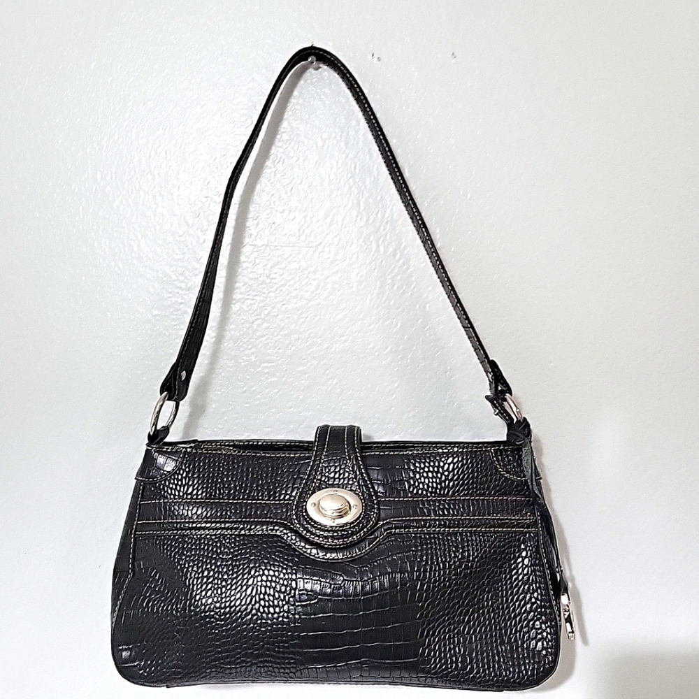 Etienne Aigner Black Croc-Embossed Shoulder Bag with Turn-Lock